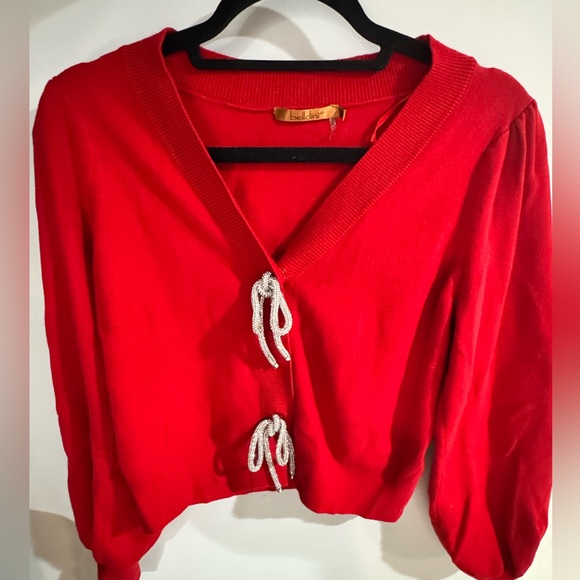 Red Cardigan with Rhinestone Bow buttons - Picture 4 of 6